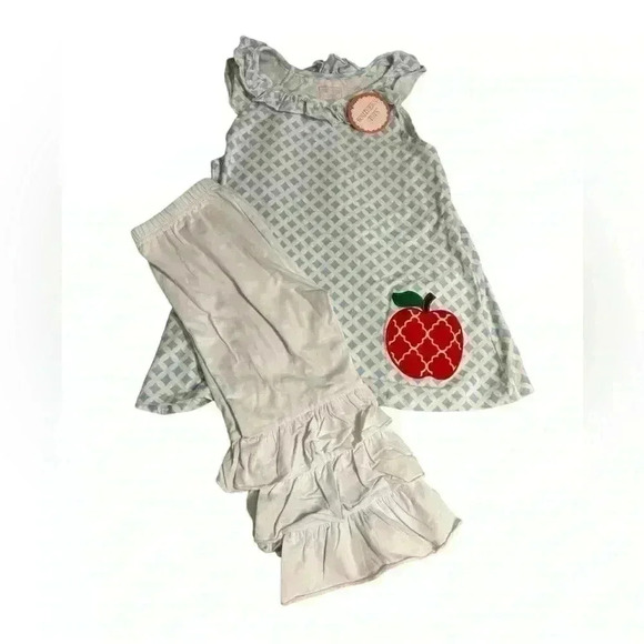 NWT Southern Tots light blue w/Apple Sleeveless Shirt w/ white Ruffle Pants Sz12 - Picture 1 of 7